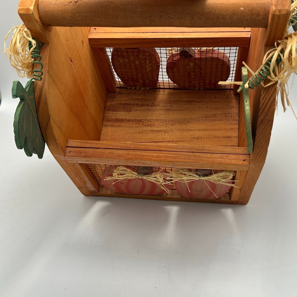 Wooden Wire Basket Country Farm Cottage Pumpkin Fall Autumn Leaves Rafia Chicken - Picture 7 of 8